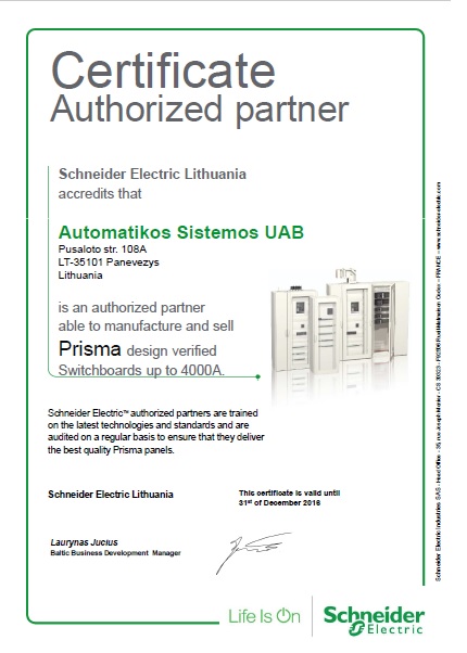 Automatikos sistemos - an authorized Schneider Electric partner able to design, manufacture and sell Schneider Prisma design verified switchboards up to 6300A.
